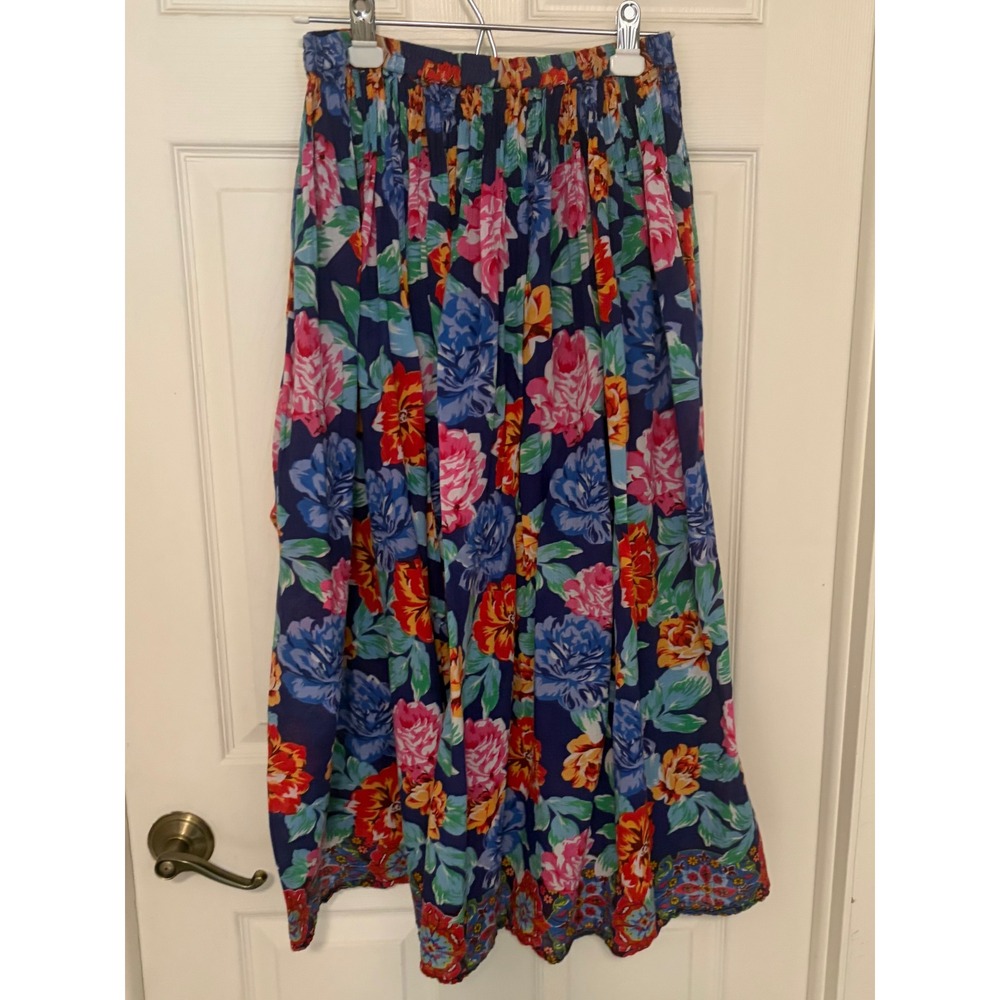 Vintage Floral Cotton Gauze Maxi Skirt Blue Pink Boho Size L Cottagecore EUC